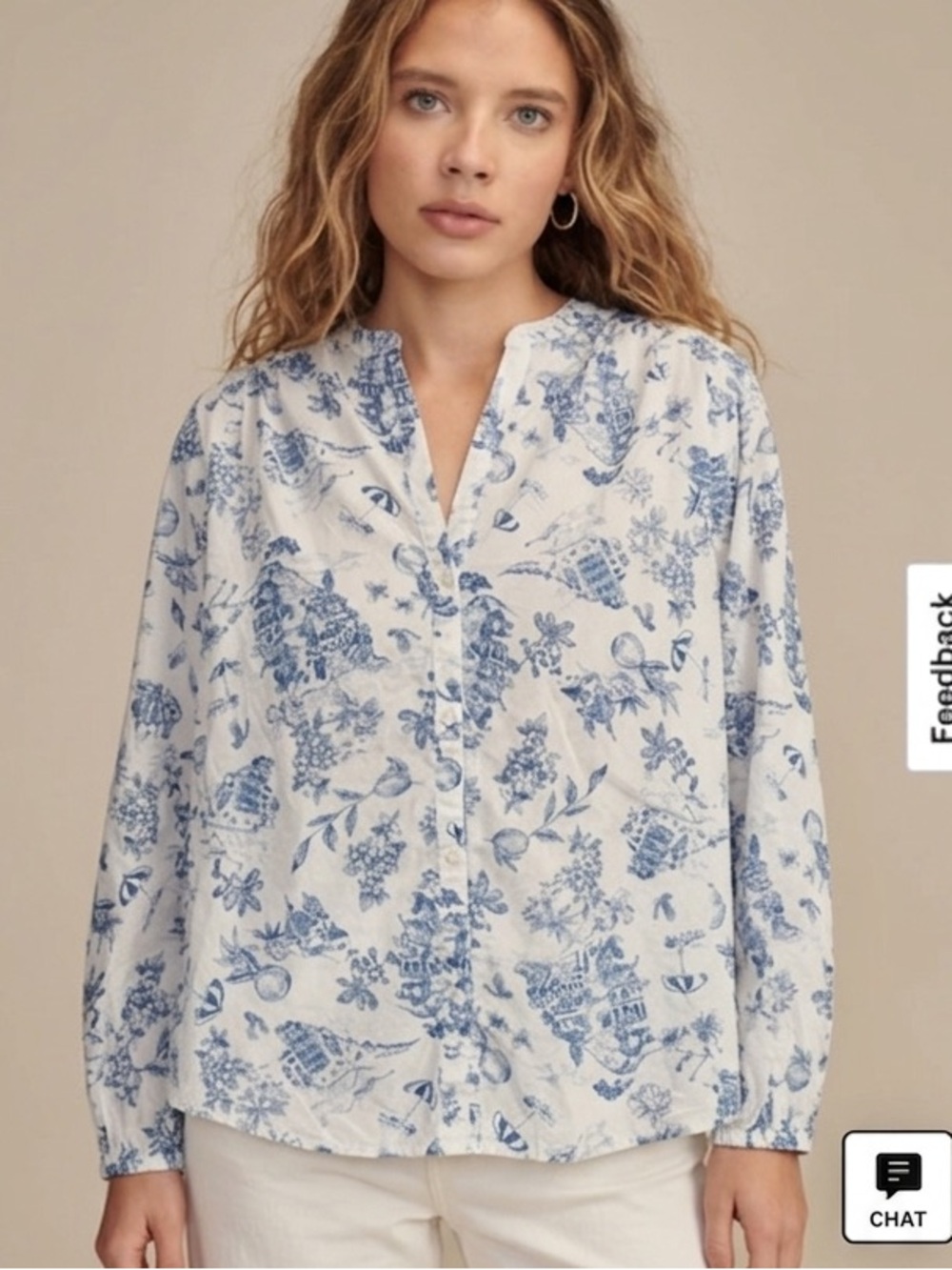 Lucky Brand size L cotton Blue Floral Button-Down Shirt